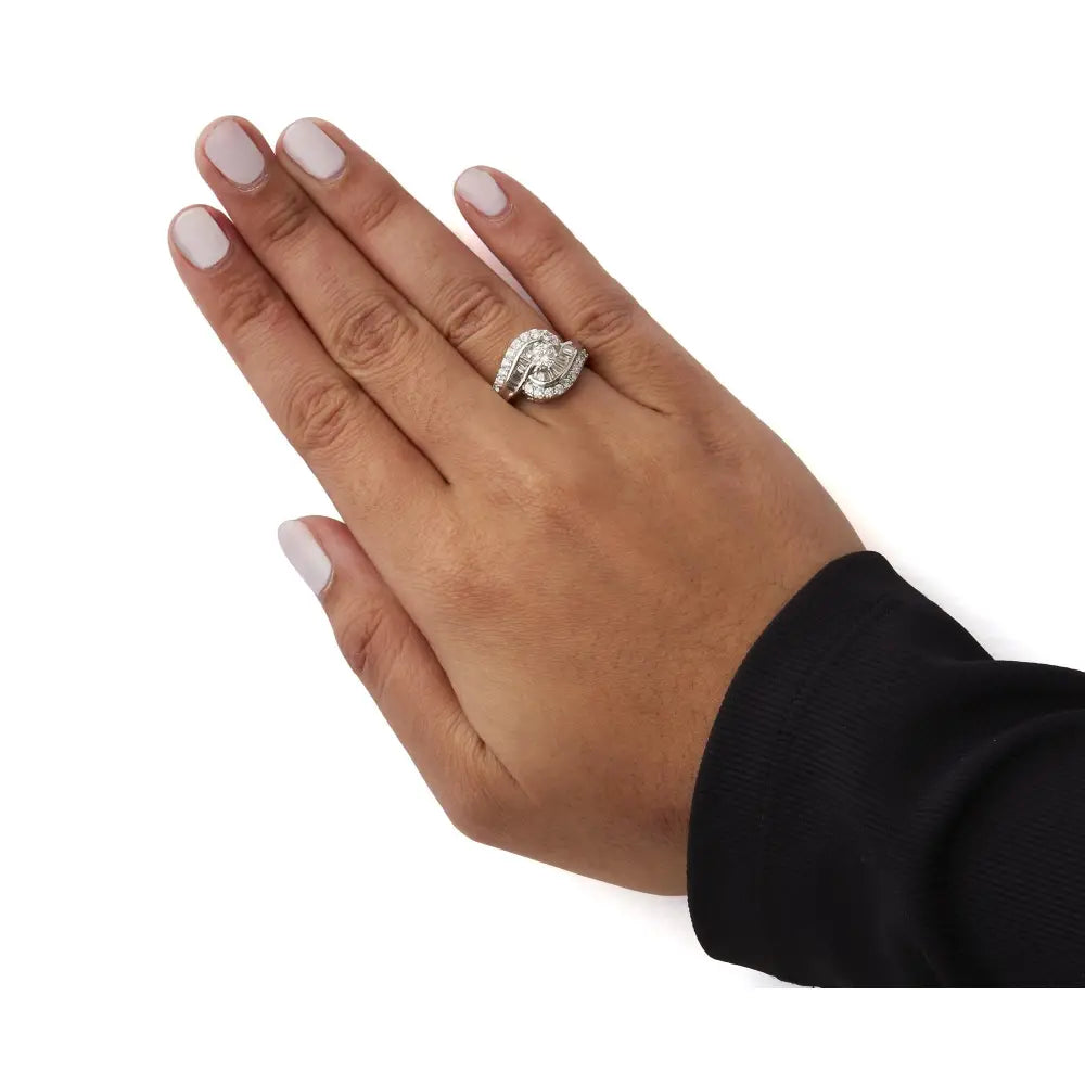 14k white gold 1.00 cttw round and baguette diamond swirl cocktail ring bijoux-nyc direct