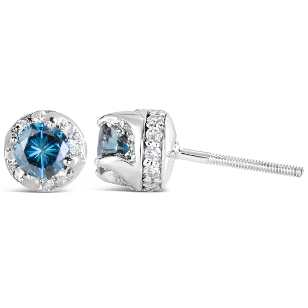 14k white gold 1.00 cttw blue and white diamond hidden halo stud earrings bijoux-nyc direct