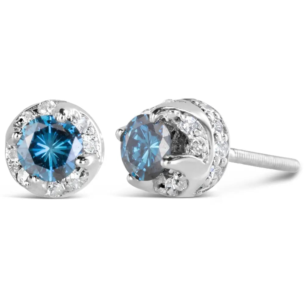 14k white gold 1.00 cttw blue and white diamond hidden halo stud earrings bijoux-nyc direct