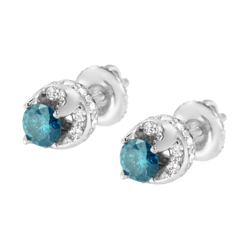 14k white gold 1.00 cttw blue and white diamond hidden halo stud earrings bijoux-nyc direct