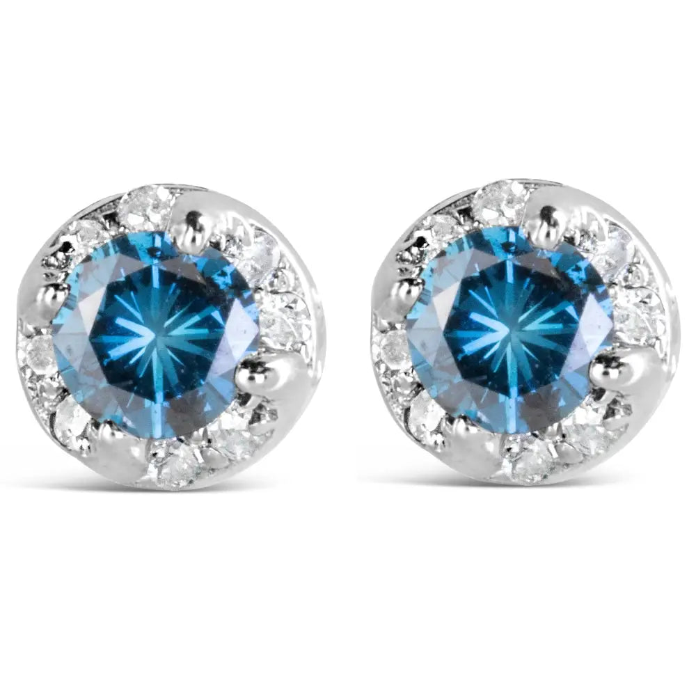 14k white gold 1.00 cttw blue and white diamond hidden halo stud earrings bijoux-nyc direct