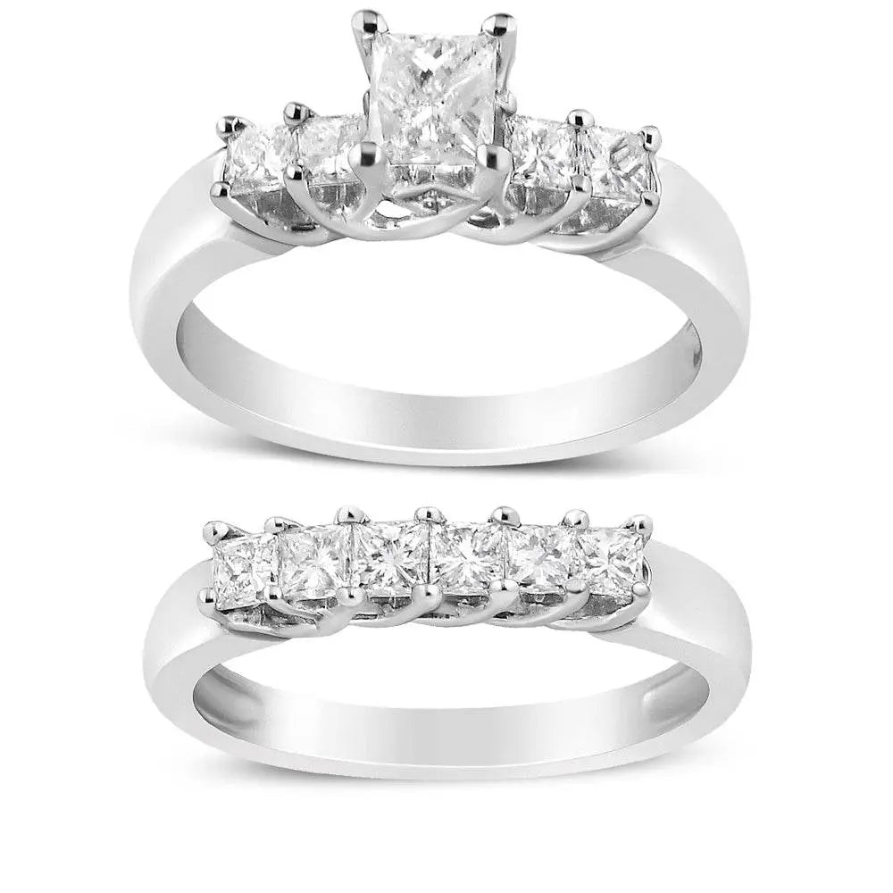 14K White Gold 1 1/2 Cttw 5 Stone Princess Diamond Engagement Wedding Ring Set (H-I Color, SI2-I1 Clarity) - Bijoux-NYC Direct