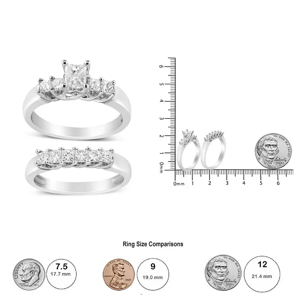 14K White Gold 1 1/2 Cttw 5 Stone Princess Diamond Engagement Wedding Ring Set (H-I Color, SI2-I1 Clarity) - Bijoux-NYC Direct