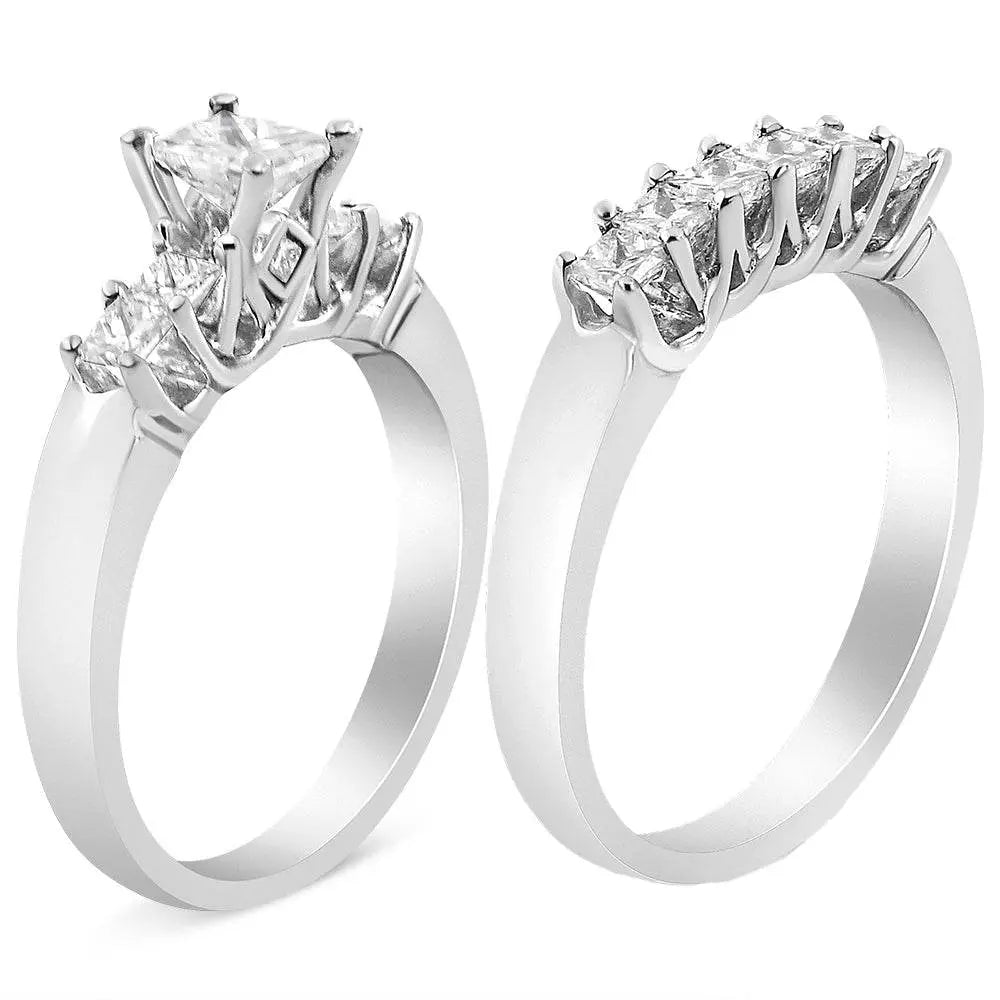 14K White Gold 1 1/2 Cttw 5 Stone Princess Diamond Engagement Wedding Ring Set (H-I Color, SI2-I1 Clarity) - Bijoux-NYC Direct