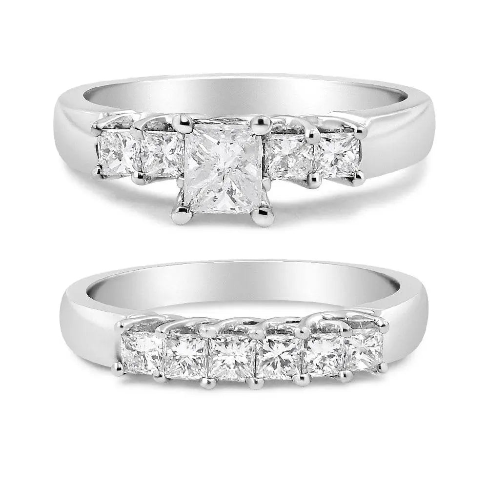 14K White Gold 1 1/2 Cttw 5 Stone Princess Diamond Engagement Wedding Ring Set (H-I Color, SI2-I1 Clarity) - Bijoux-NYC Direct