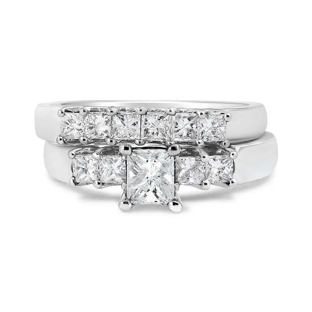 14K White Gold 1 1/2 Cttw 5 Stone Princess Diamond Engagement Wedding Ring Set (H-I Color, SI2-I1 Clarity) - Bijoux-NYC Direct