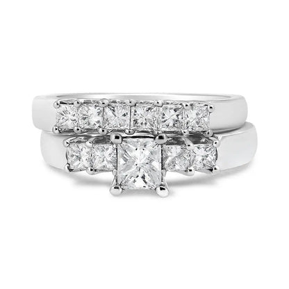 14K White Gold 1 1/2 Cttw 5 Stone Princess Diamond Engagement Wedding Ring Set (H-I Color, SI2-I1 Clarity) - Bijoux-NYC Direct