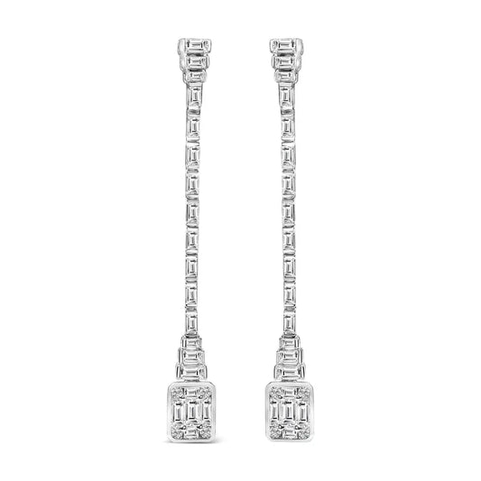 14k white gold 1 1/2 cttw baguette diamond composite mosaic 2’’ inch drop earrings (e f color vs1 vs2 clarity)