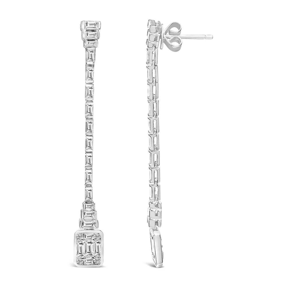 14k white gold 1 1/2 cttw baguette diamond composite mosaic 2’’ inch drop earrings (e f color vs1 vs2 clarity)