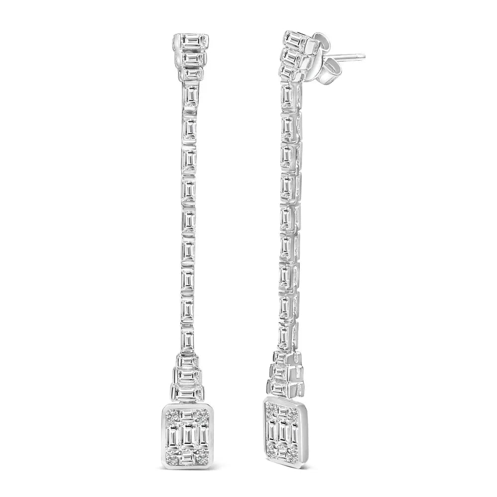 14k white gold 1 1/2 cttw baguette diamond composite mosaic 2’’ inch drop earrings (e f color vs1 vs2 clarity)