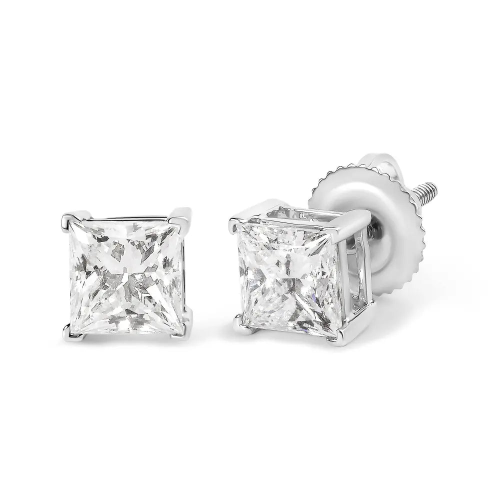 14K White Gold 1 1/2 Cttw Clarity Enhanced Princess Cut Diamond Solitaire Stud Earrings (I-J Color, I1-I2 Clarity) - Bijoux-NYC Direct