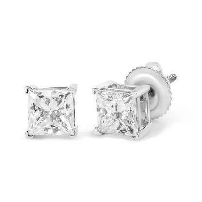 14K White Gold 1 1/2 Cttw Clarity Enhanced Princess Cut Diamond Solitaire Stud Earrings (I-J Color, I1-I2 Clarity) - Bijoux-NYC Direct