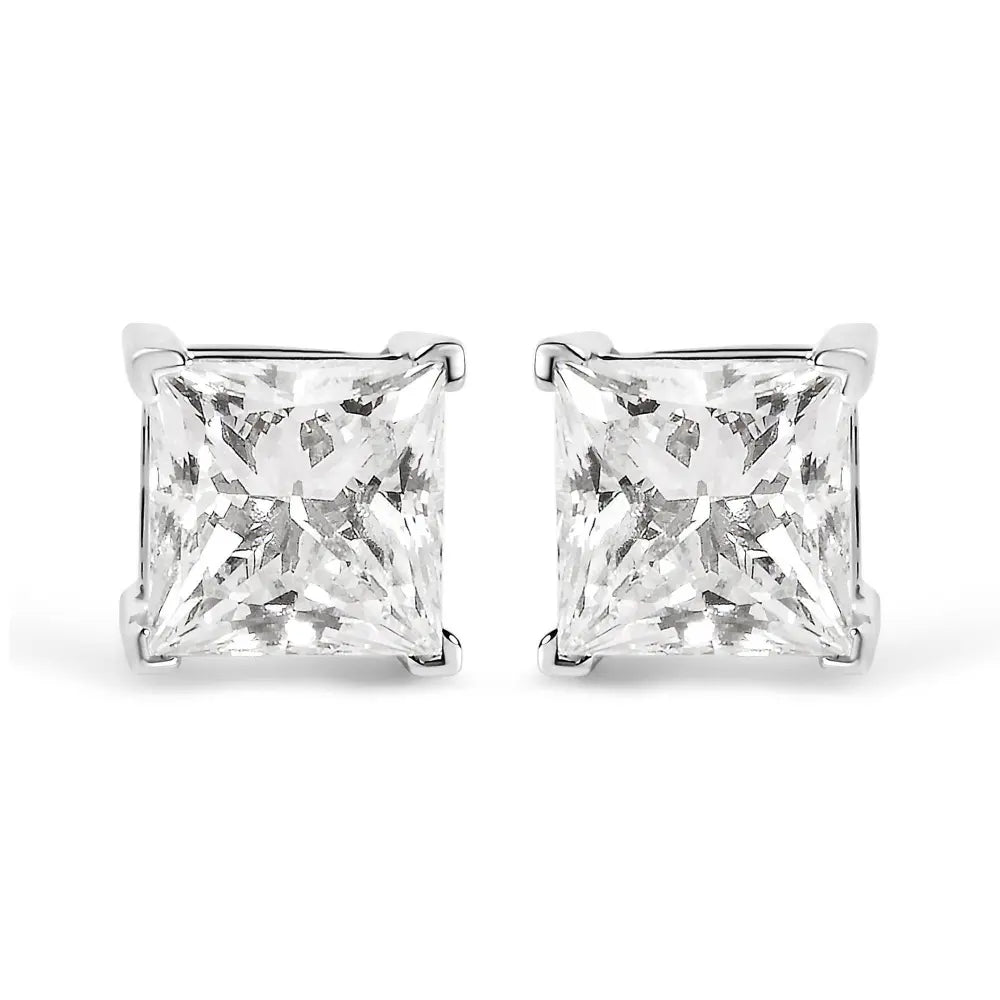 14K White Gold 1 1/2 Cttw Clarity Enhanced Princess Cut Diamond Solitaire Stud Earrings (I-J Color, I1-I2 Clarity) - Bijoux-NYC Direct