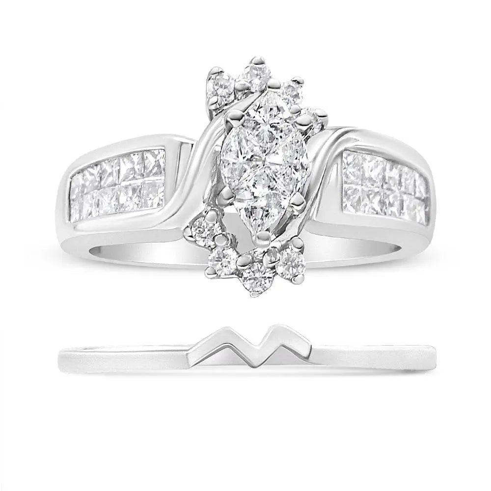 14K White Gold 1 1/2 Cttw Composite Diamond Marquise Shape Solitaire Diamond Engagement Ring Set for Women (H-I Color, SI1-SI2 Clarity) - Bijoux-NYC Direct