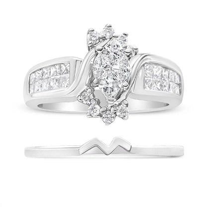 14K White Gold 1 1/2 Cttw Composite Diamond Marquise Shape Solitaire Diamond Engagement Ring Set for Women (H-I Color, SI1-SI2 Clarity) - Bijoux-NYC Direct