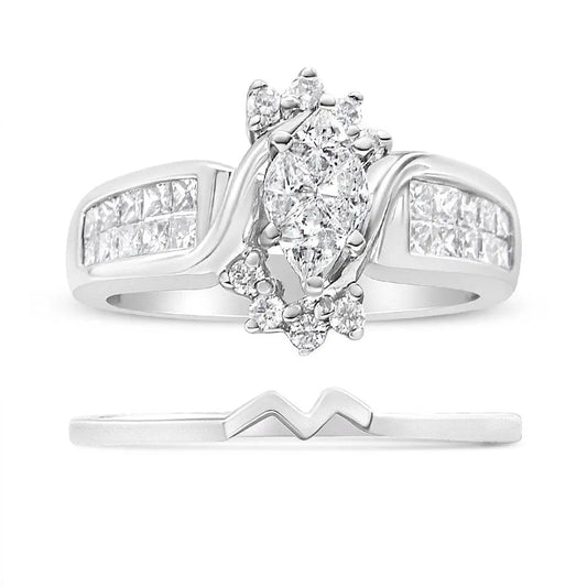 14K White Gold 1 1/2 Cttw Composite Diamond Marquise Shape Solitaire Diamond Engagement Ring Set for Women (H-I Color, SI1-SI2 Clarity) - Bijoux-NYC Direct