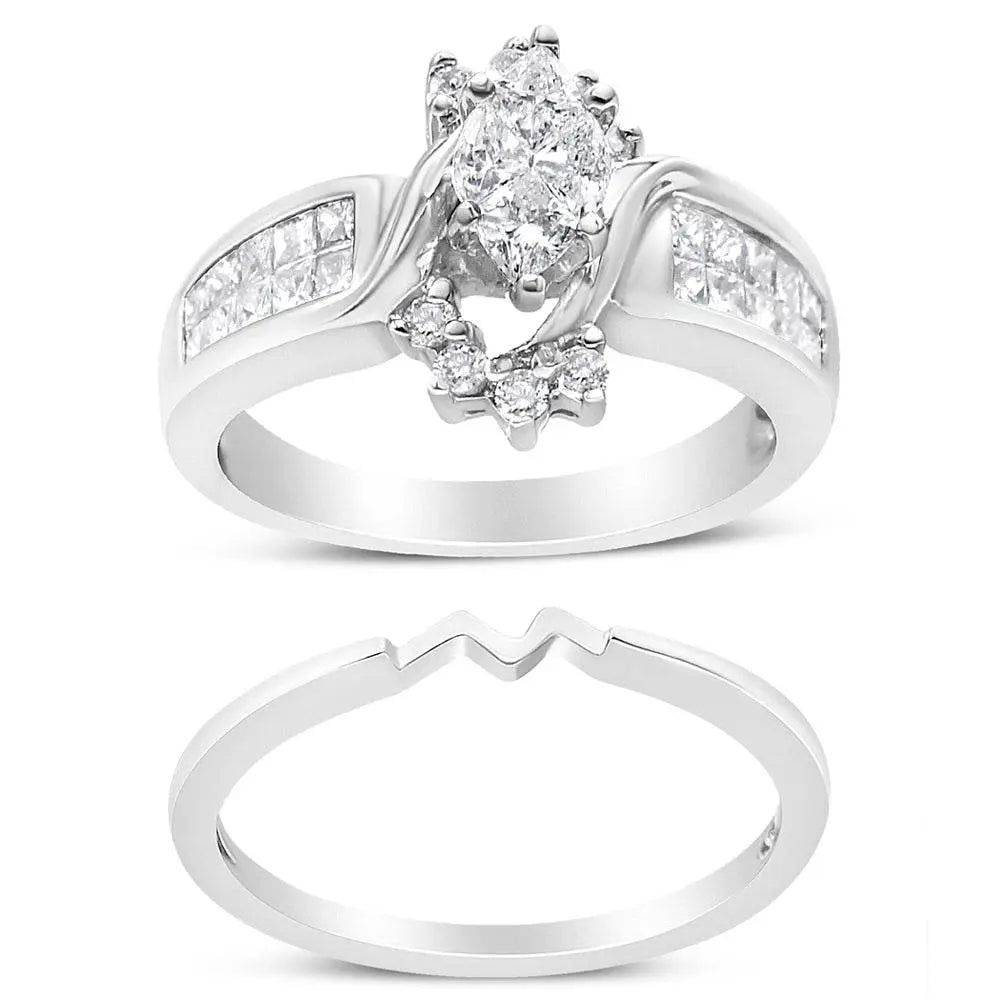 14K White Gold 1 1/2 Cttw Composite Diamond Marquise Shape Solitaire Diamond Engagement Ring Set for Women (H-I Color, SI1-SI2 Clarity) - Bijoux-NYC Direct