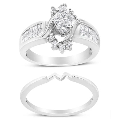 14K White Gold 1 1/2 Cttw Composite Diamond Marquise Shape Solitaire Diamond Engagement Ring Set for Women (H-I Color, SI1-SI2 Clarity) - Bijoux-NYC Direct