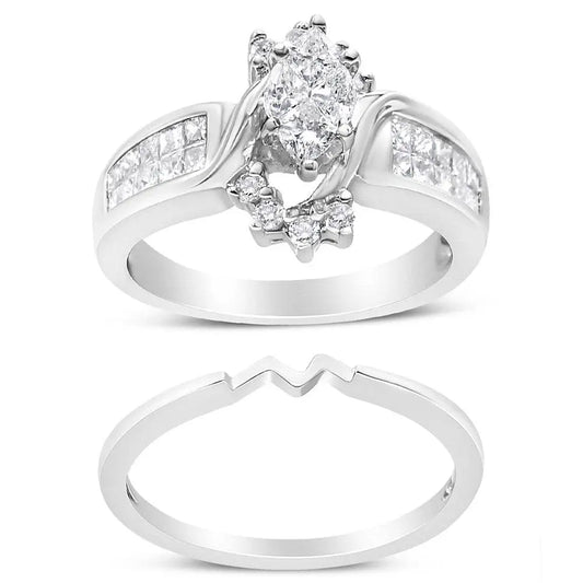 14K White Gold 1 1/2 Cttw Composite Diamond Marquise Shape Solitaire Diamond Engagement Ring Set for Women (H-I Color, SI1-SI2 Clarity) - Bijoux-NYC Direct