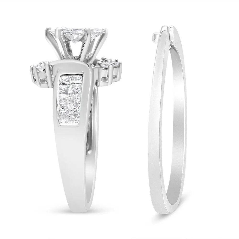 14K White Gold 1 1/2 Cttw Composite Diamond Marquise Shape Solitaire Diamond Engagement Ring Set for Women (H-I Color, SI1-SI2 Clarity) - Bijoux-NYC Direct