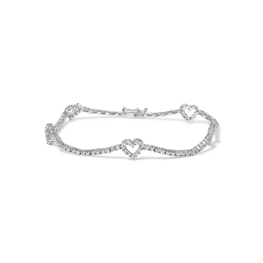14K White Gold 1 1/2 Cttw Diamond Heart Station Strand Bracelet (H-I Color, I1-I2 Clarity) - 7.5 Inches - Bijoux-NYC Direct