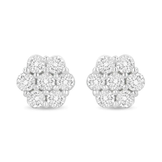 14K White Gold 1 1/2 cttw Prong Set Round-Cut Diamond Floral Cluster Stud Earrings (I-J Color, SI1-SI2 Clarity) - Bijoux-NYC Direct