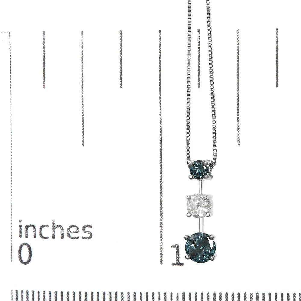 14k white gold 1 1/2 cttw treated blue and diamond 3 stone 18’’ pendant necklace (blue/h i color i1 i2 clarity)