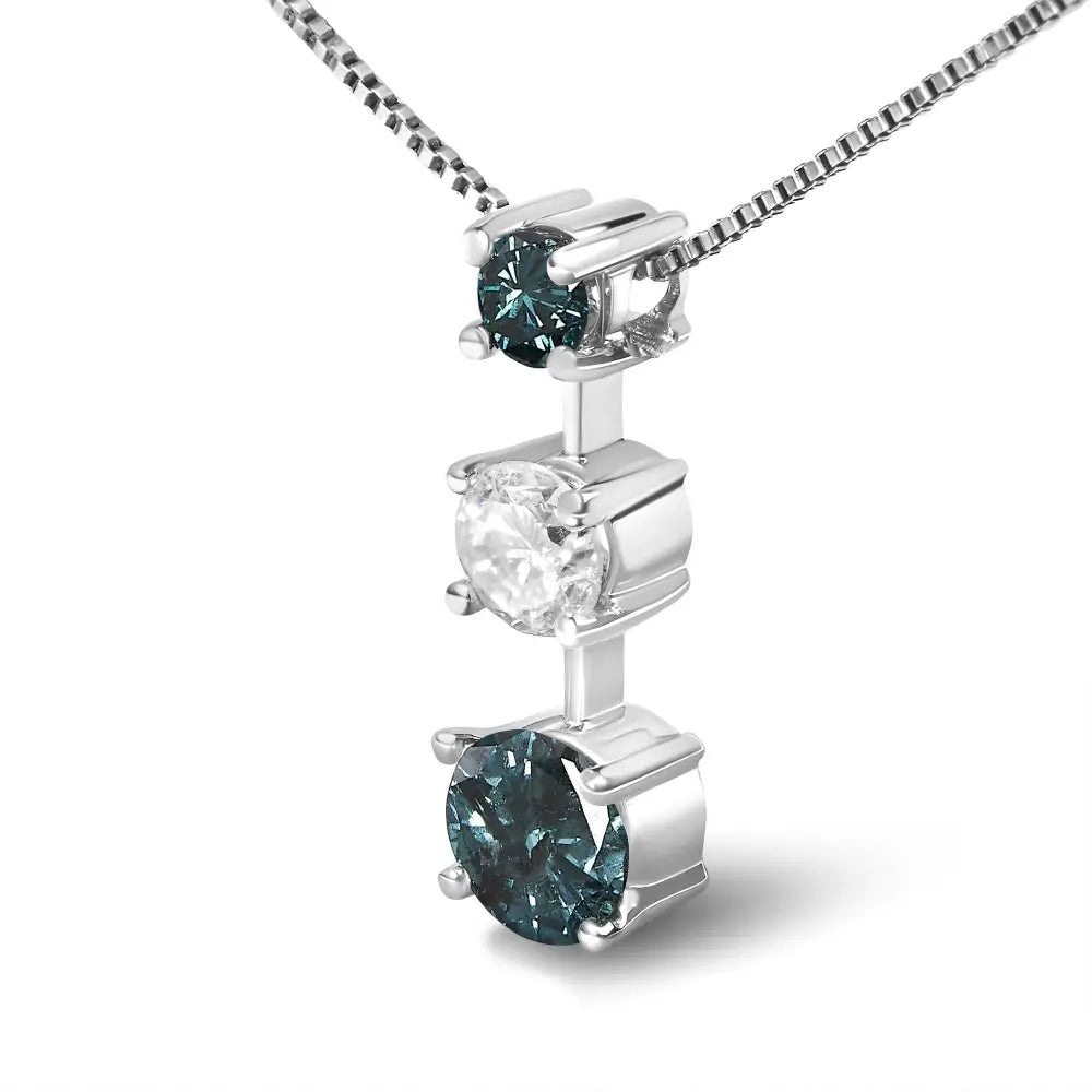 Blue and white diamond three stone necklace in 14k white gold 1.50 cttw bijoux-nyc direct