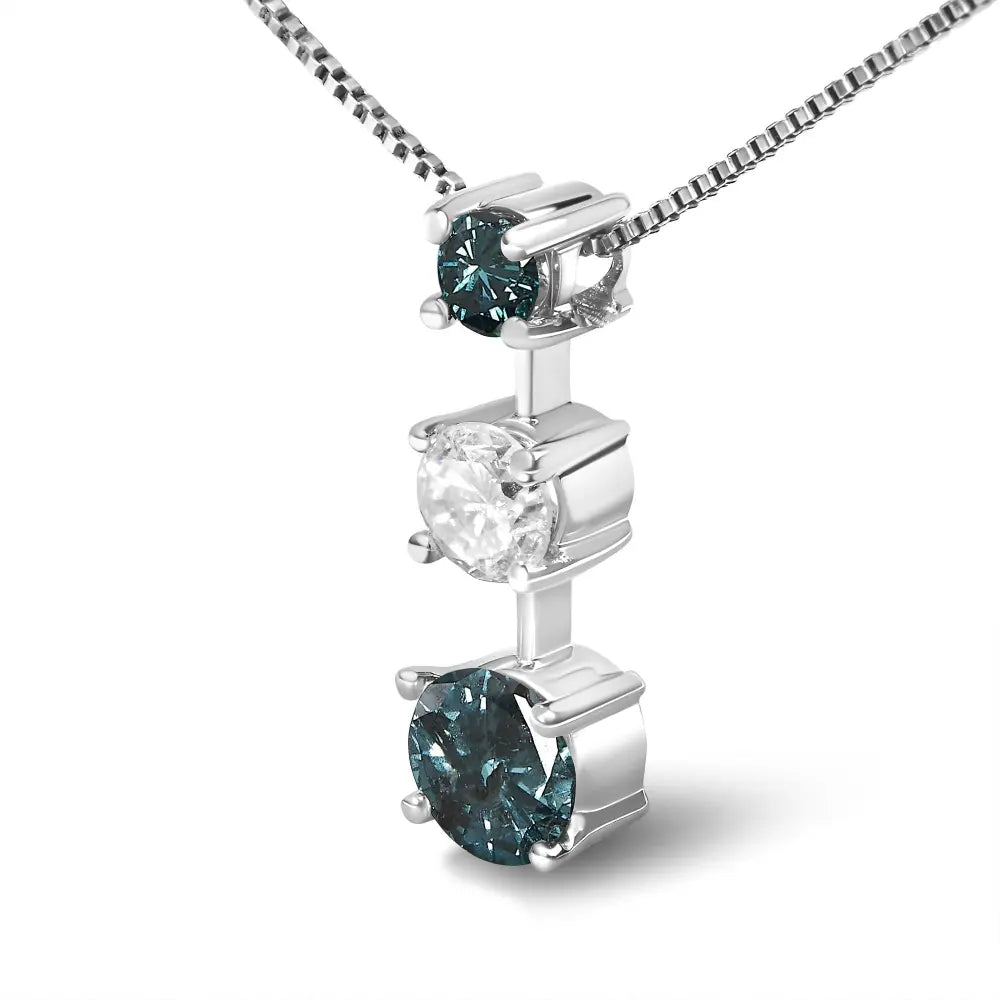 14k white gold 1 1/2 cttw treated blue and diamond 3 stone 18’’ pendant necklace (blue/h i color i1 i2 clarity)