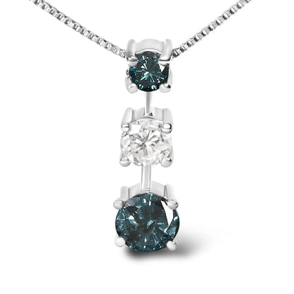 14k white gold 1 1/2 cttw treated blue and diamond 3 stone 18’’ pendant necklace (blue/h i color i1 i2 clarity)