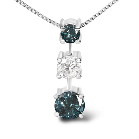 14k white gold 1 1/2 cttw treated blue and diamond 3 stone 18’’ pendant necklace (blue/h i color i1 i2 clarity)