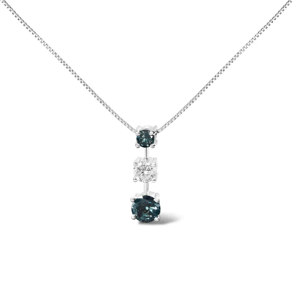 14k white gold 1 1/2 cttw treated blue and diamond 3 stone 18’’ pendant necklace (blue/h i color i1 i2 clarity)