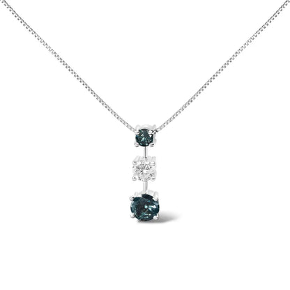 14k white gold 1 1/2 cttw treated blue and diamond 3 stone 18’’ pendant necklace (blue/h i color i1 i2 clarity)