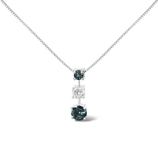 14k white gold 1 1/2 cttw treated blue and diamond 3 stone 18’’ pendant necklace (blue/h i color i1 i2 clarity)