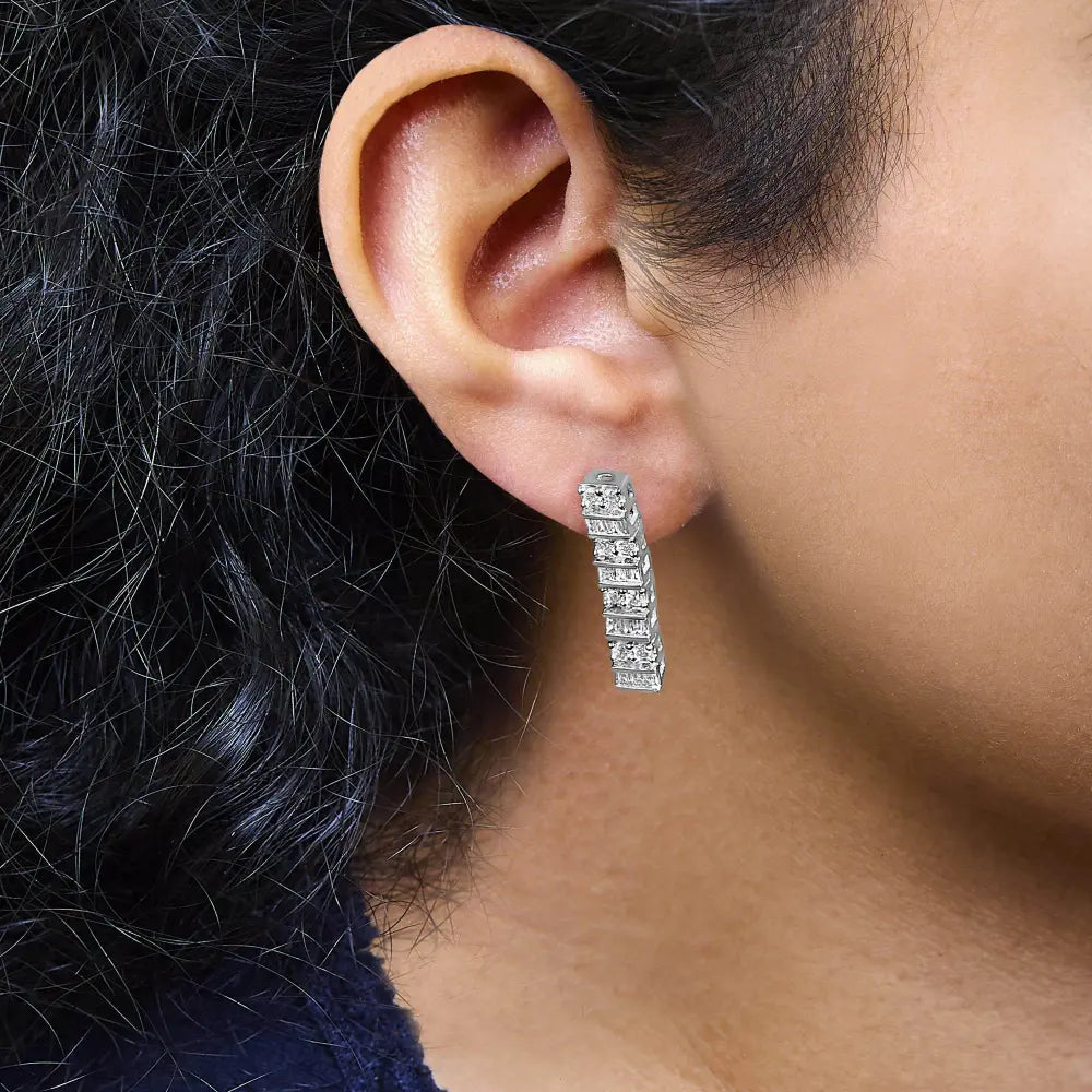 14K White Gold 1 1/3 Cttw Alternating Round And Baguette Diamond Drop Earrings (H-I Color, SI2-I1 Clarity) - Bijoux-NYC Direct