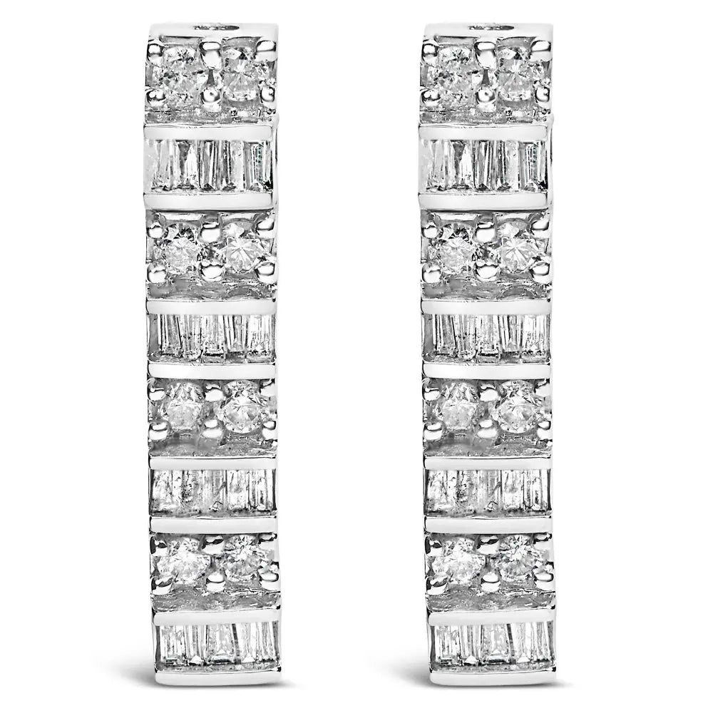 14K White Gold 1 1/3 Cttw Alternating Round And Baguette Diamond Drop Earrings (H-I Color, SI2-I1 Clarity) - Bijoux-NYC Direct