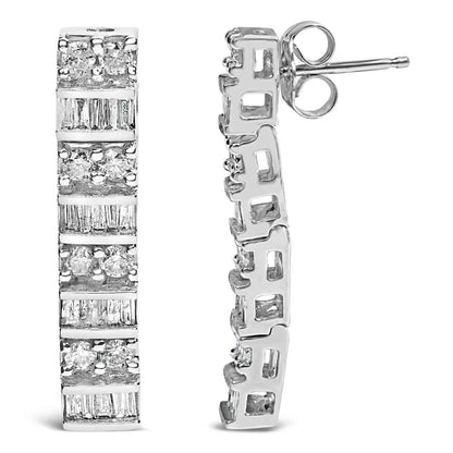 14K White Gold 1 1/3 Cttw Alternating Round And Baguette Diamond Drop Earrings (H-I Color, SI2-I1 Clarity) - Bijoux-NYC Direct
