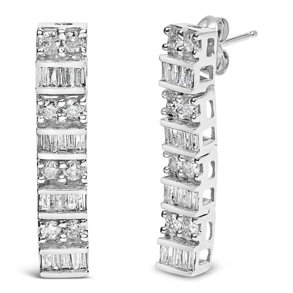 14K White Gold 1 1/3 Cttw Alternating Round And Baguette Diamond Drop Earrings (H-I Color, SI2-I1 Clarity) - Bijoux-NYC Direct