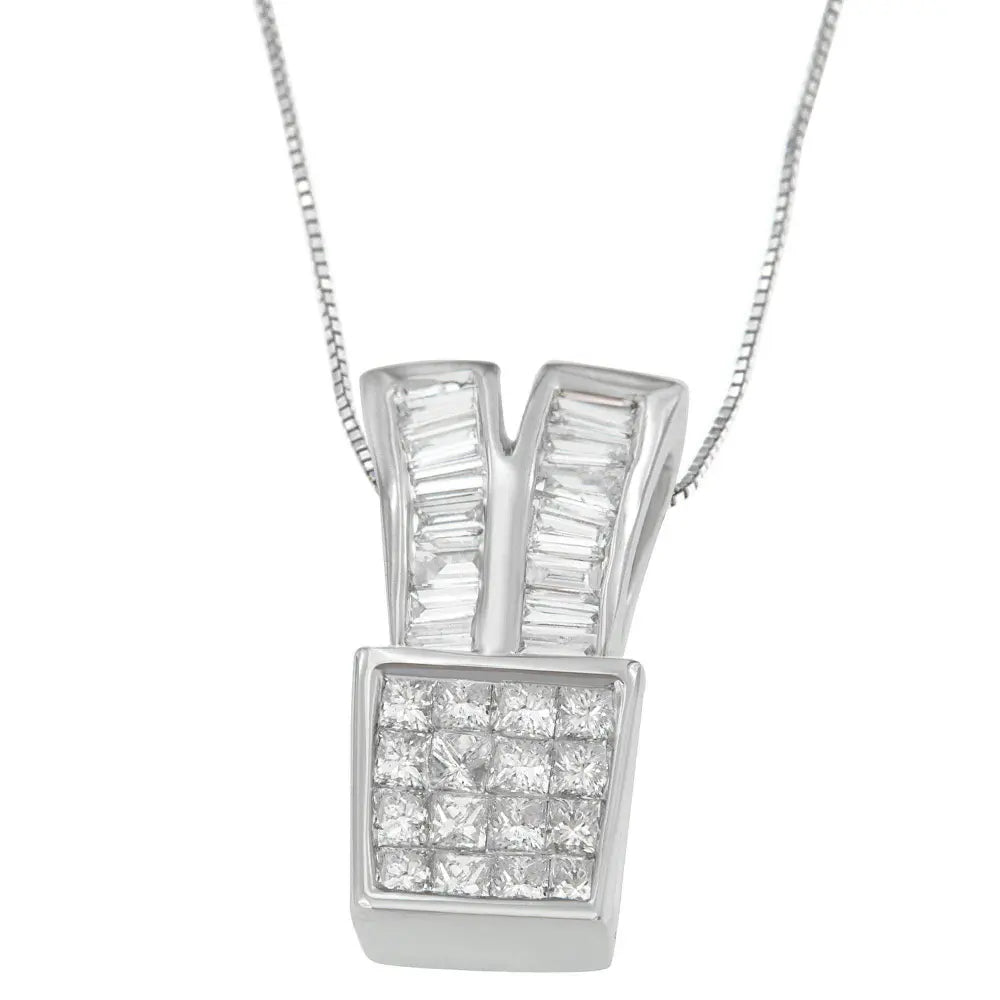 14K White Gold 1 1/3 cttw Princess and Baguette Cut Diamond Sparkling Shapes Pendant Necklace (H-I, SI1-SI2) - Bijoux-NYC Direct