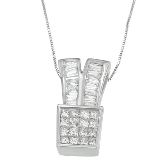 14K White Gold 1 1/3 cttw Princess and Baguette Cut Diamond Sparkling Shapes Pendant Necklace (H-I, SI1-SI2) - Bijoux-NYC Direct