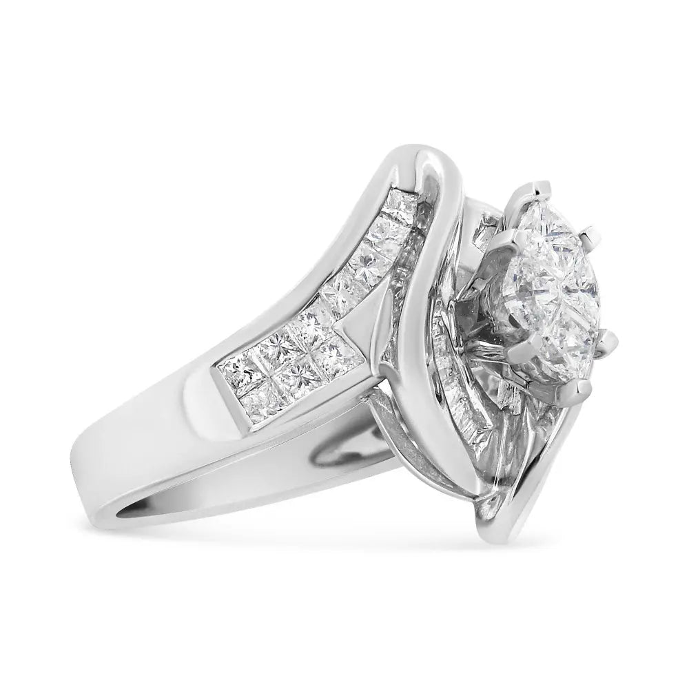 14K White Gold 1 1/4 Cttw Pie, Baguette and Princess cut Diamond Marquise Shape Engagement Cocktail Ring (H-I Color, SI2-I1 Clarity) - Bijoux-NYC Direct