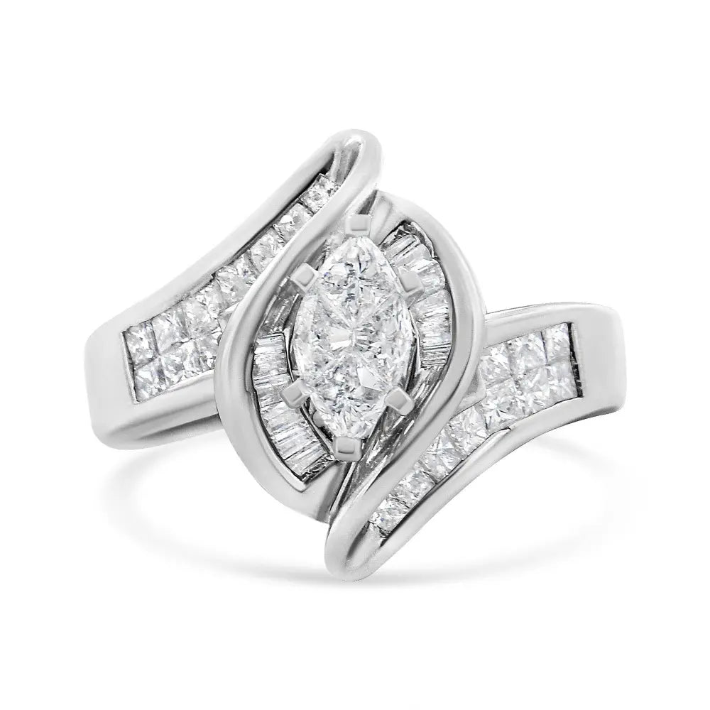 14K White Gold 1 1/4 Cttw Pie, Baguette and Princess cut Diamond Marquise Shape Engagement Cocktail Ring (H-I Color, SI2-I1 Clarity) - Bijoux-NYC Direct