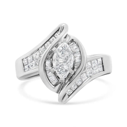 14K White Gold 1 1/4 Cttw Pie, Baguette and Princess cut Diamond Marquise Shape Engagement Cocktail Ring (H-I Color, SI2-I1 Clarity) - Bijoux-NYC Direct