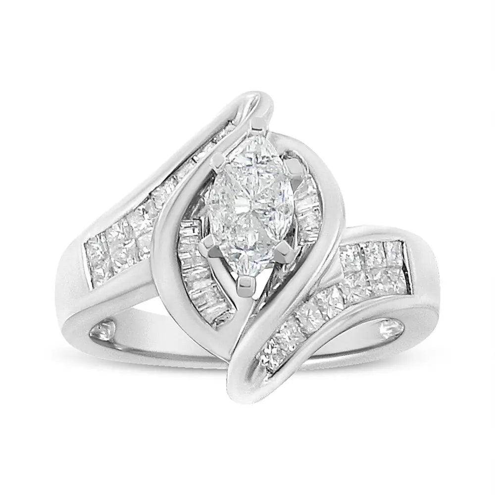 14K White Gold 1 1/4 Cttw Pie, Baguette and Princess cut Diamond Marquise Shape Engagement Cocktail Ring (H-I Color, SI2-I1 Clarity) - Bijoux-NYC Direct