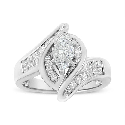 14K White Gold 1 1/4 Cttw Pie, Baguette and Princess cut Diamond Marquise Shape Engagement Cocktail Ring (H-I Color, SI2-I1 Clarity) - Bijoux-NYC Direct