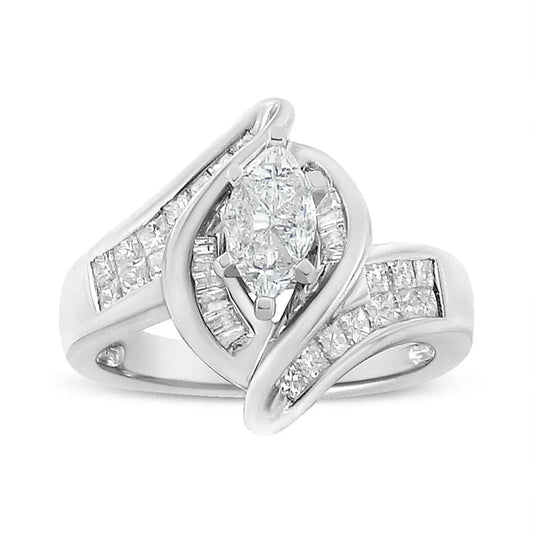 14K White Gold 1 1/4 Cttw Pie, Baguette and Princess cut Diamond Marquise Shape Engagement Cocktail Ring (H-I Color, SI2-I1 Clarity) - Bijoux-NYC Direct