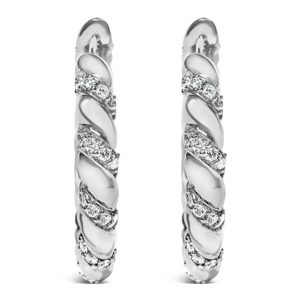 14k white gold 1 1/5 cttw lab grown diamond swirl design 1’’ inch hoop earrings (f g color vs1 vs2 clarity)