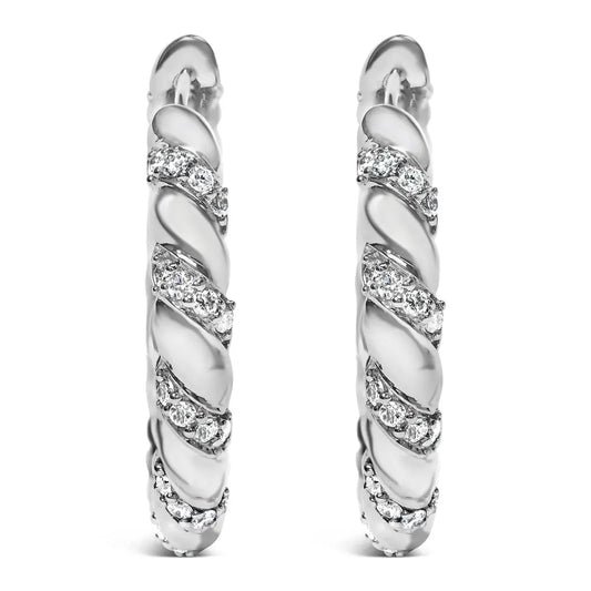 14k white gold 1 1/5 cttw lab grown diamond swirl design 1’’ inch hoop earrings (f g color vs1 vs2 clarity)