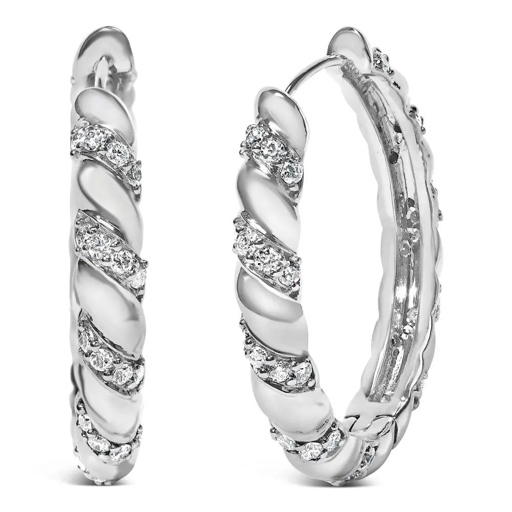 14k white gold 1 1/5 cttw lab grown diamond swirl design 1’’ inch hoop earrings (f g color vs1 vs2 clarity)