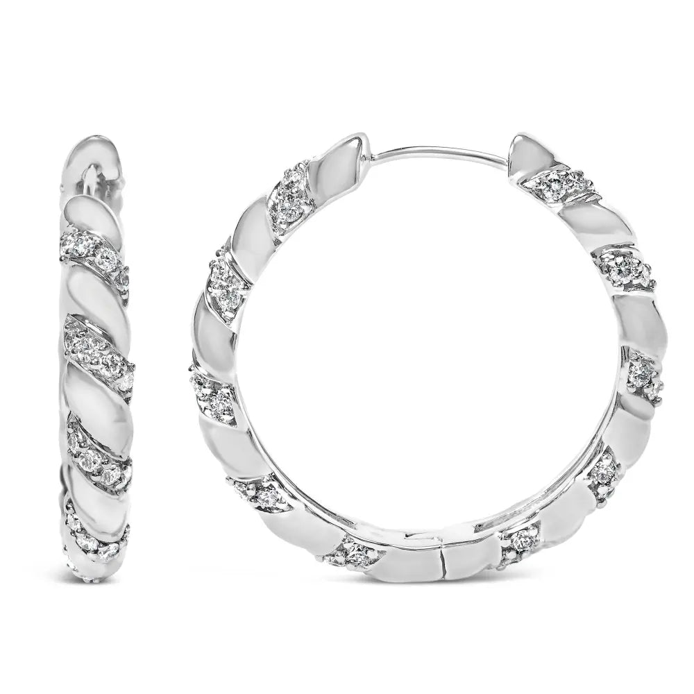 14k white gold 1 1/5 cttw lab grown diamond swirl design 1’’ inch hoop earrings (f g color vs1 vs2 clarity)